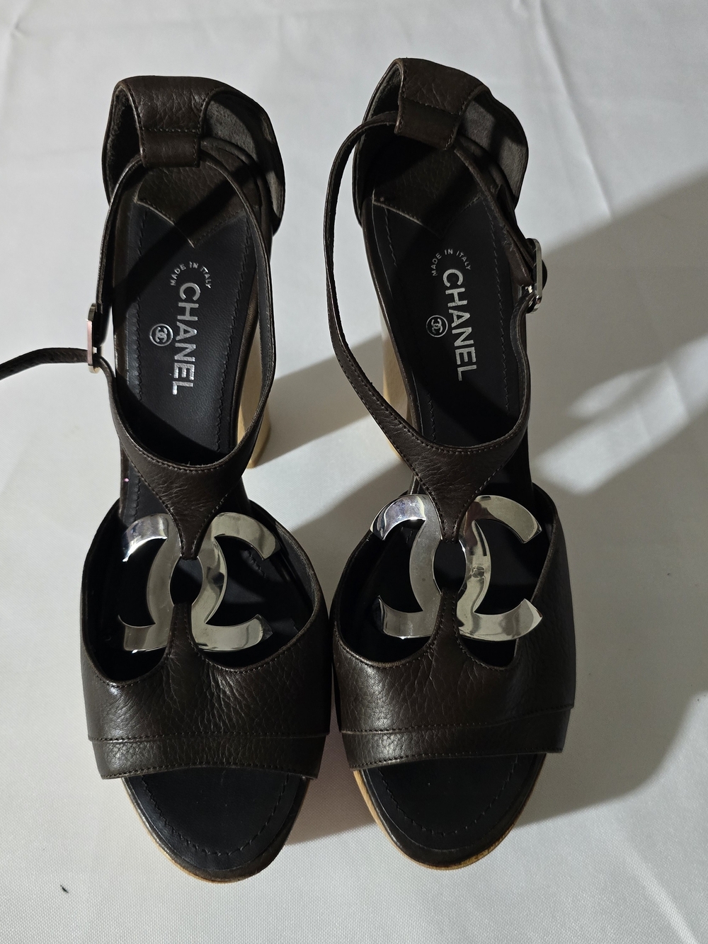 Chanel Brown Leather Logo T-Strap Sandals